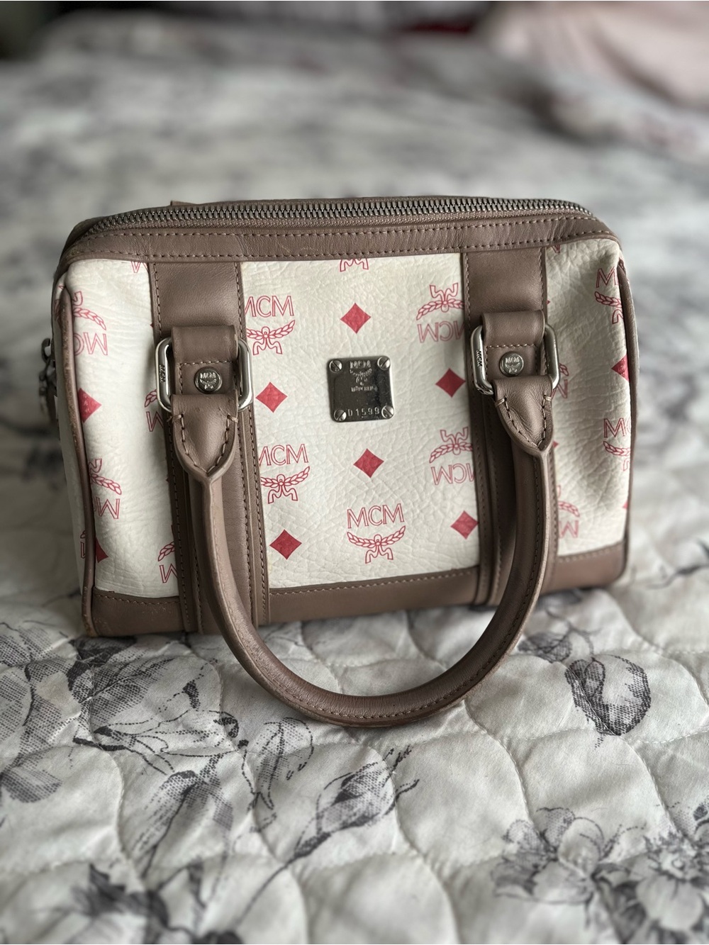 MCM White & Taupe Logo Dome Satchel with Pink Accents